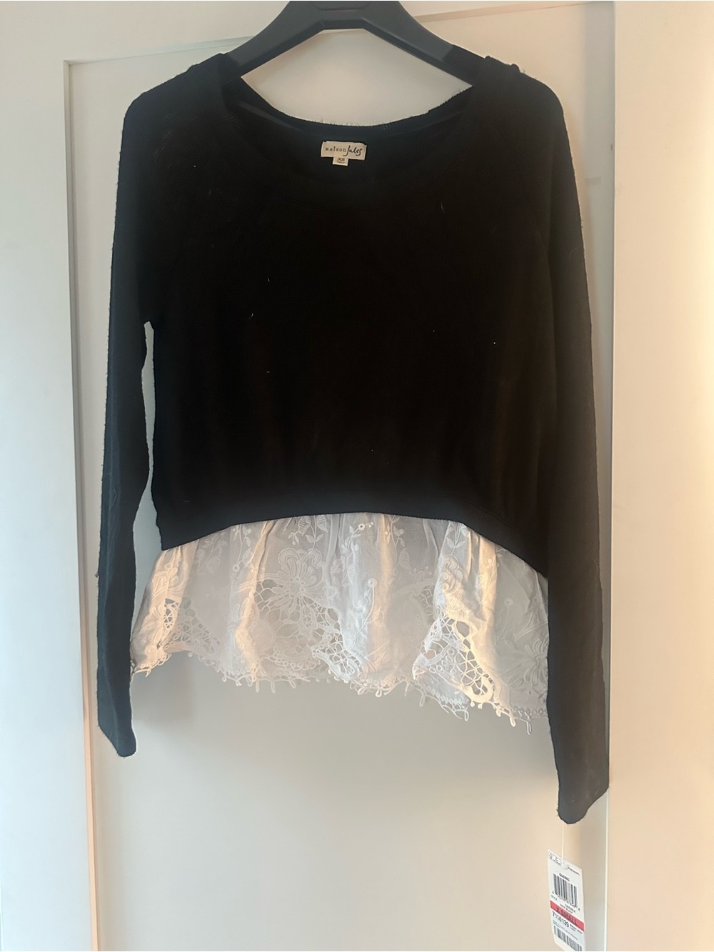 Maison Jules Black Pullover Sweater with White Lace Hem